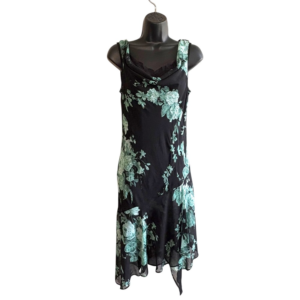 Vintage Y2K Size Medium Black Teal Floral Midi Dress Whimsigoth Fairygrunge